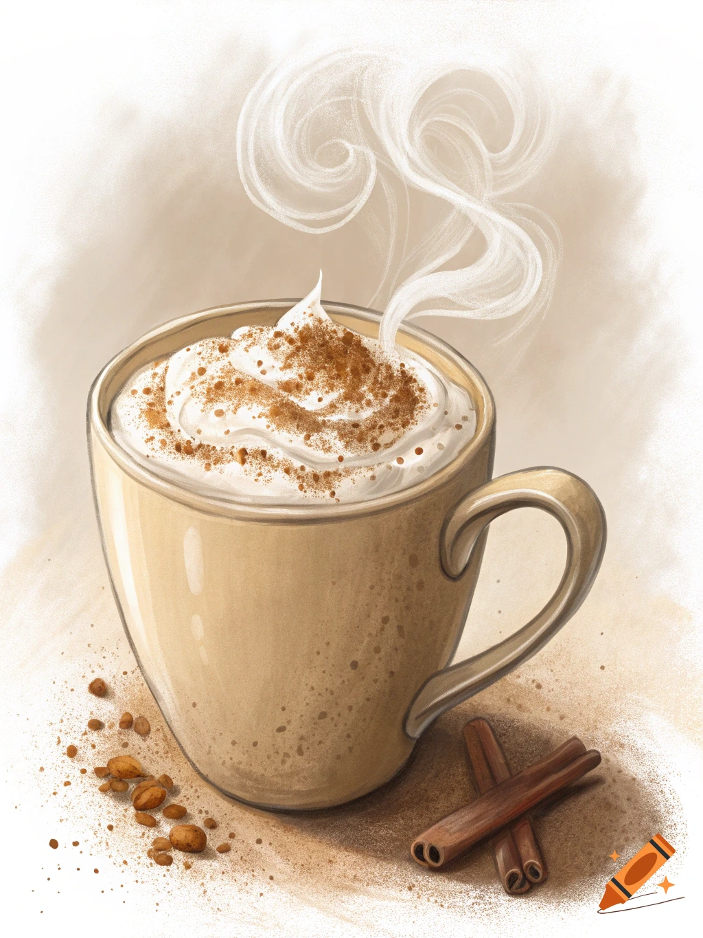 Illustration of a steaming cup of coffee with whipped cream and cinnamon sticks.