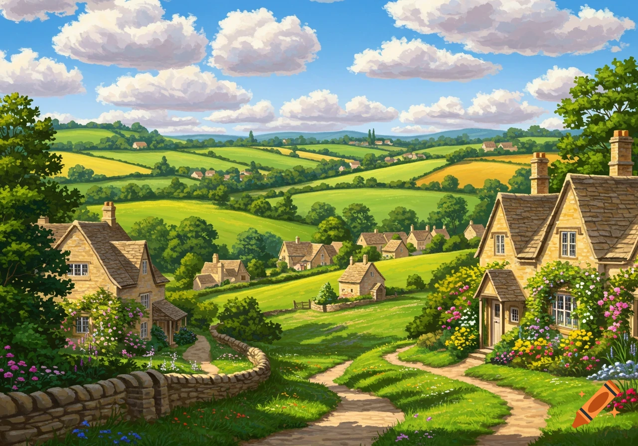 Charming illustrated landscape of a village with stone cottages nestled in rolling green hills under a sunny sky.