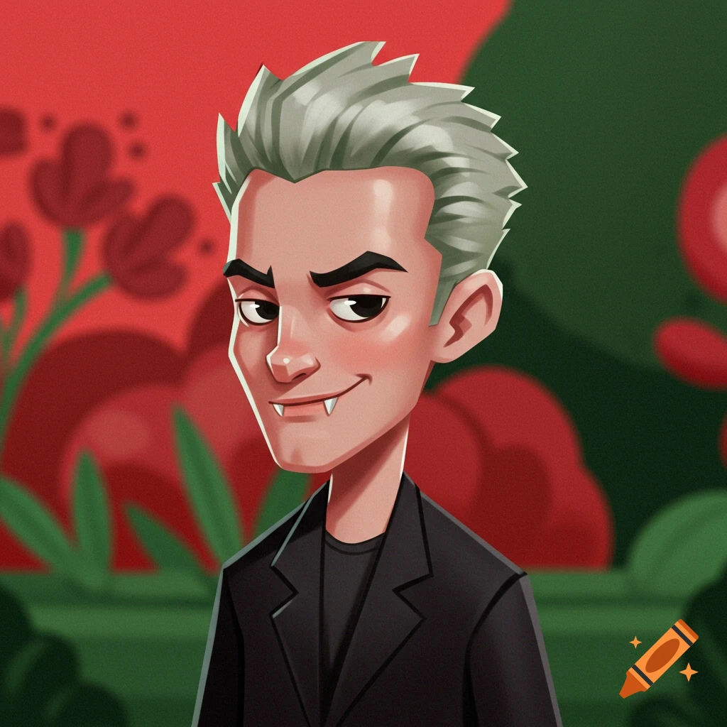 Cartoon portrait of a vampire character with fangs and spiky hair against a red and green background.