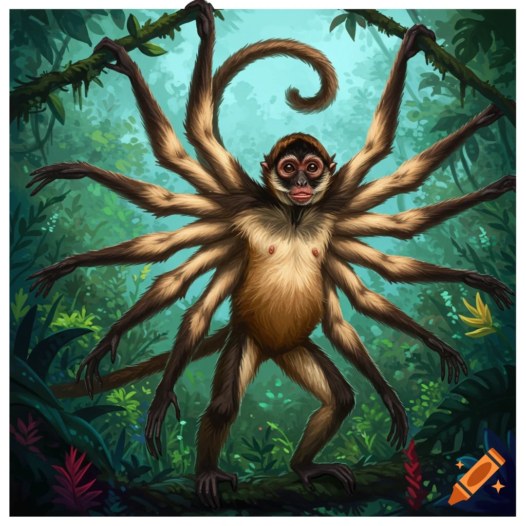 Illustration of a spider monkey with multiple limbs in a jungle.