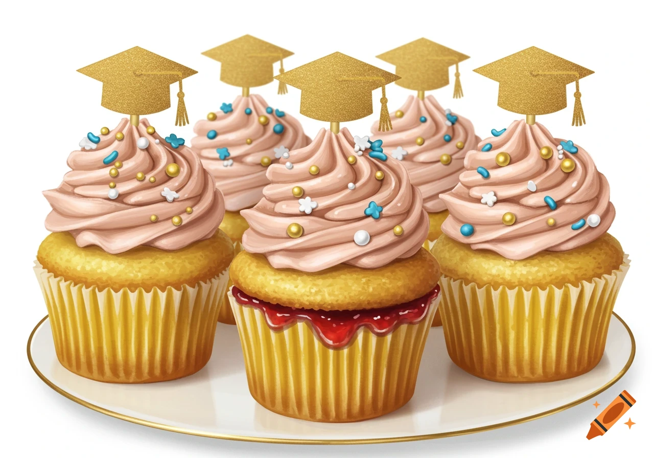 Graduation cupcakes with pink frosting, sprinkles, and gold graduation caps on a plate.