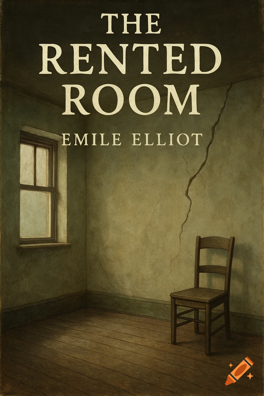 Book cover shows an empty, dimly lit room with a chair, a window, and a large crack in the wall. Title "The Rented Room".