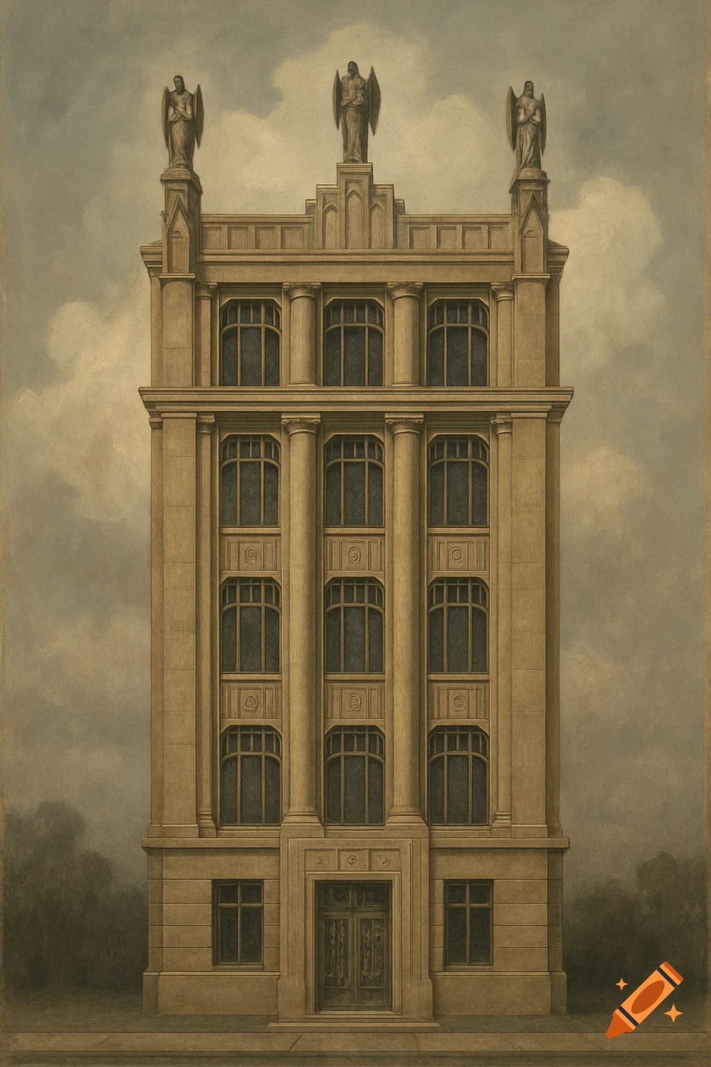 A drawing of a tall building with columns, art deco windows, and gothic statues on top.