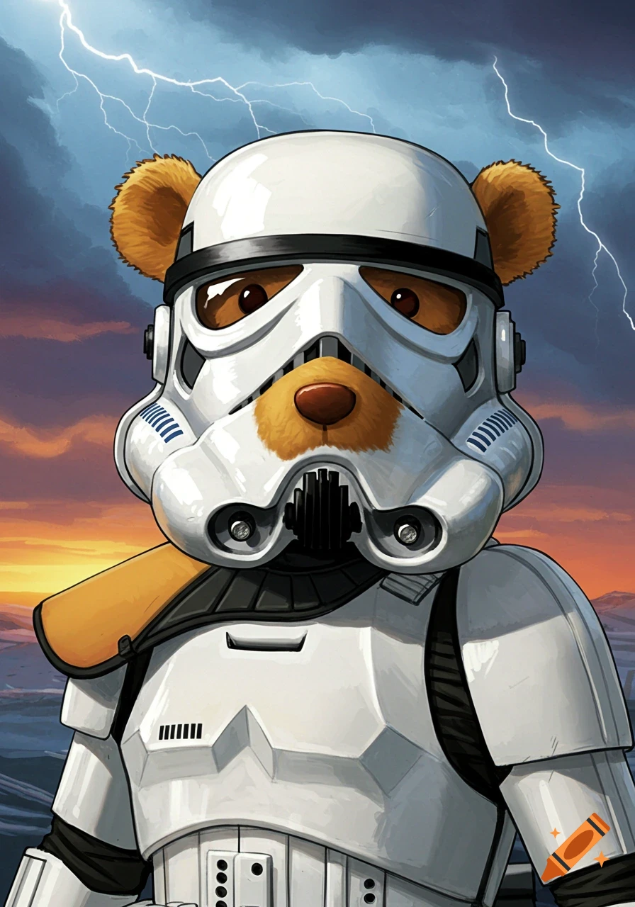 Cartoon bear dressed as a Star Wars stormtrooper with fluffy ears and snout, standing against a stormy sunset sky.