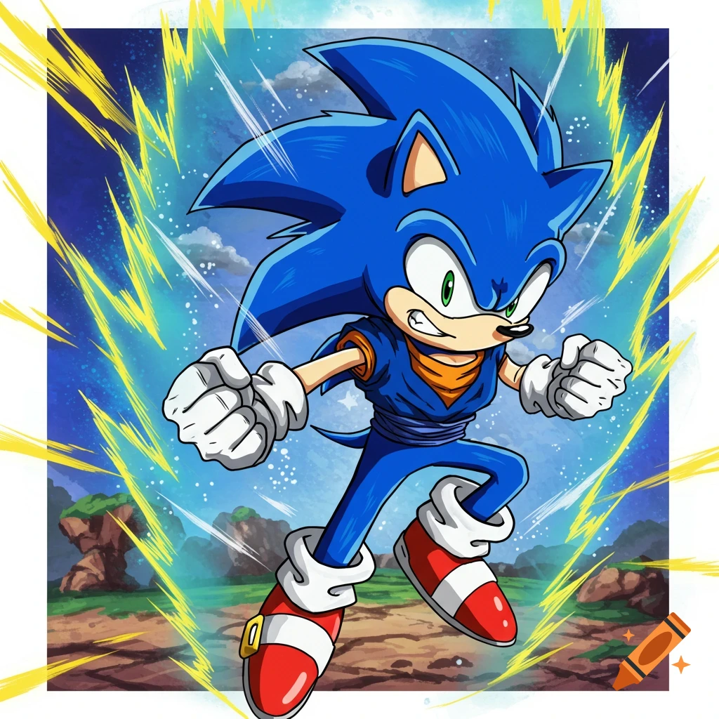 Sonic the Hedgehog dressed as Vegito, surrounded by golden energy, in a dynamic pose.