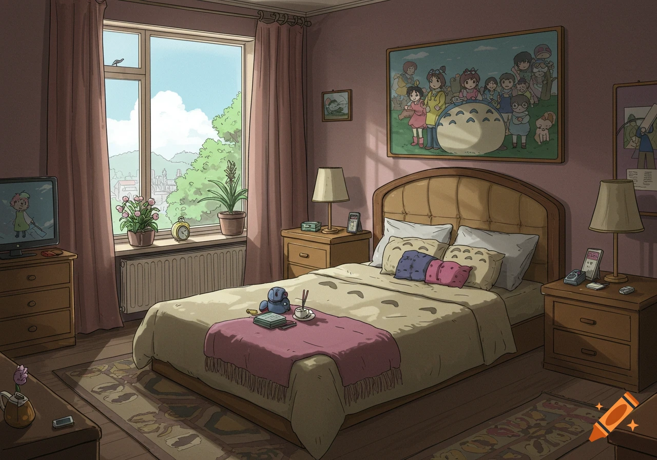 Studio Ghibli style bedroom interior with a bed, large window, TV, and framed artwork.