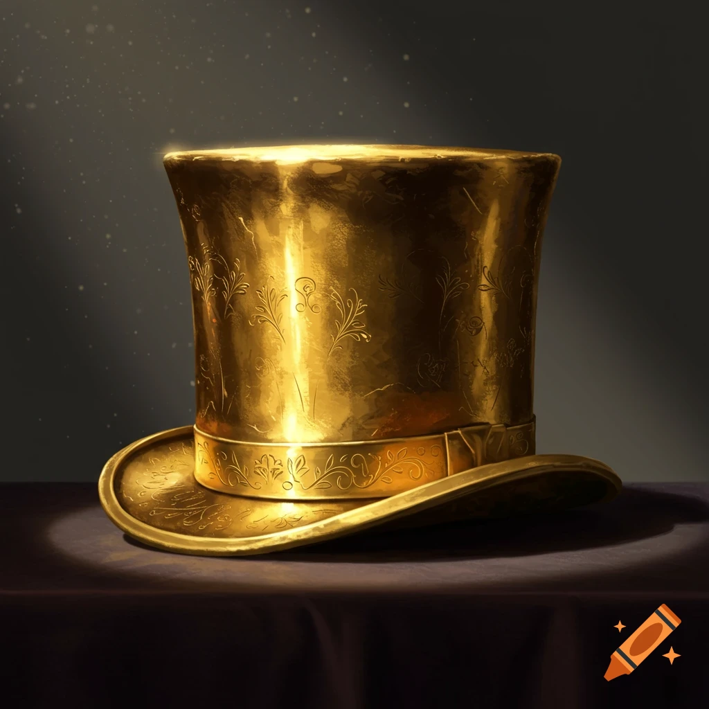 A golden top hat with ornate patterns sits on a dark surface.