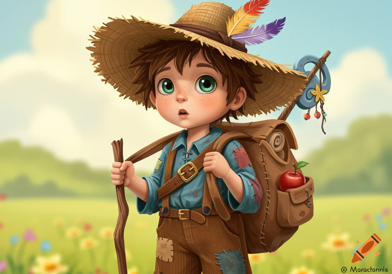 Cartoon illustration of a boy dressed as a vagabond with a straw hat, staff, and backpack standing in a field.