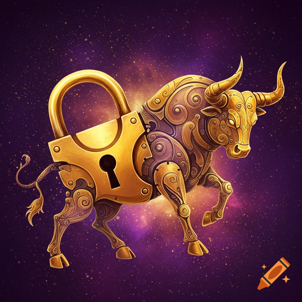 Ornate golden lock creature shaped like a bull against a cosmic background