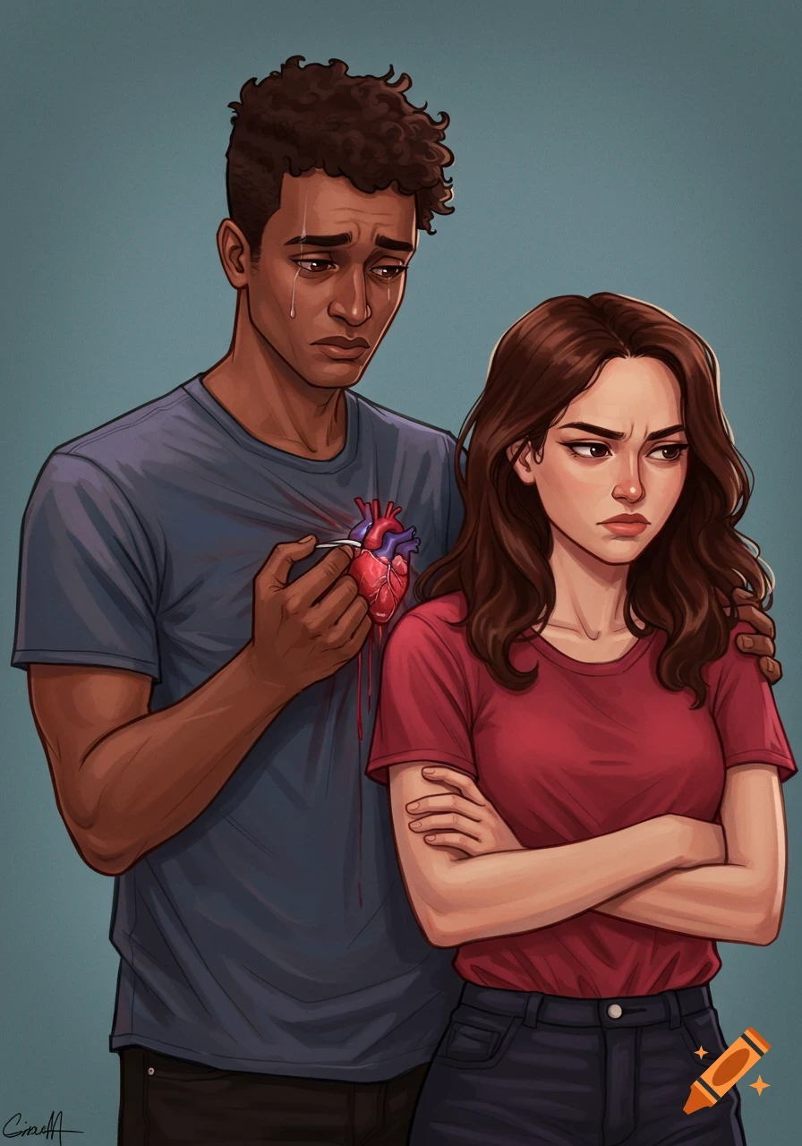 Illustrated man holding his heart from his chest towards an annoyed woman.