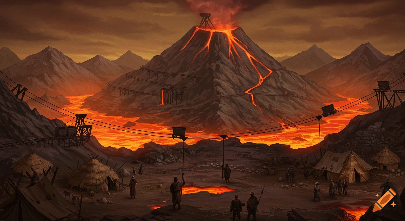 Illustration of a volcanic mining landscape with lava flows, mine carts, tents, and people under an orange sky.