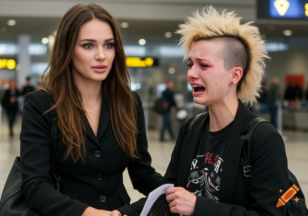 Two women at airport, one with brown hair looking at the other with blonde mohawk crying.