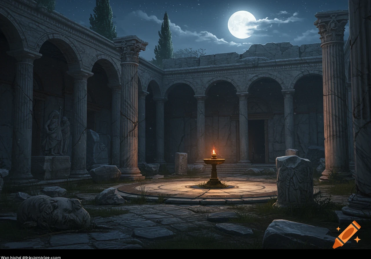 A ruined Roman courtyard at night under a full moon, lit by a flickering oil lamp.