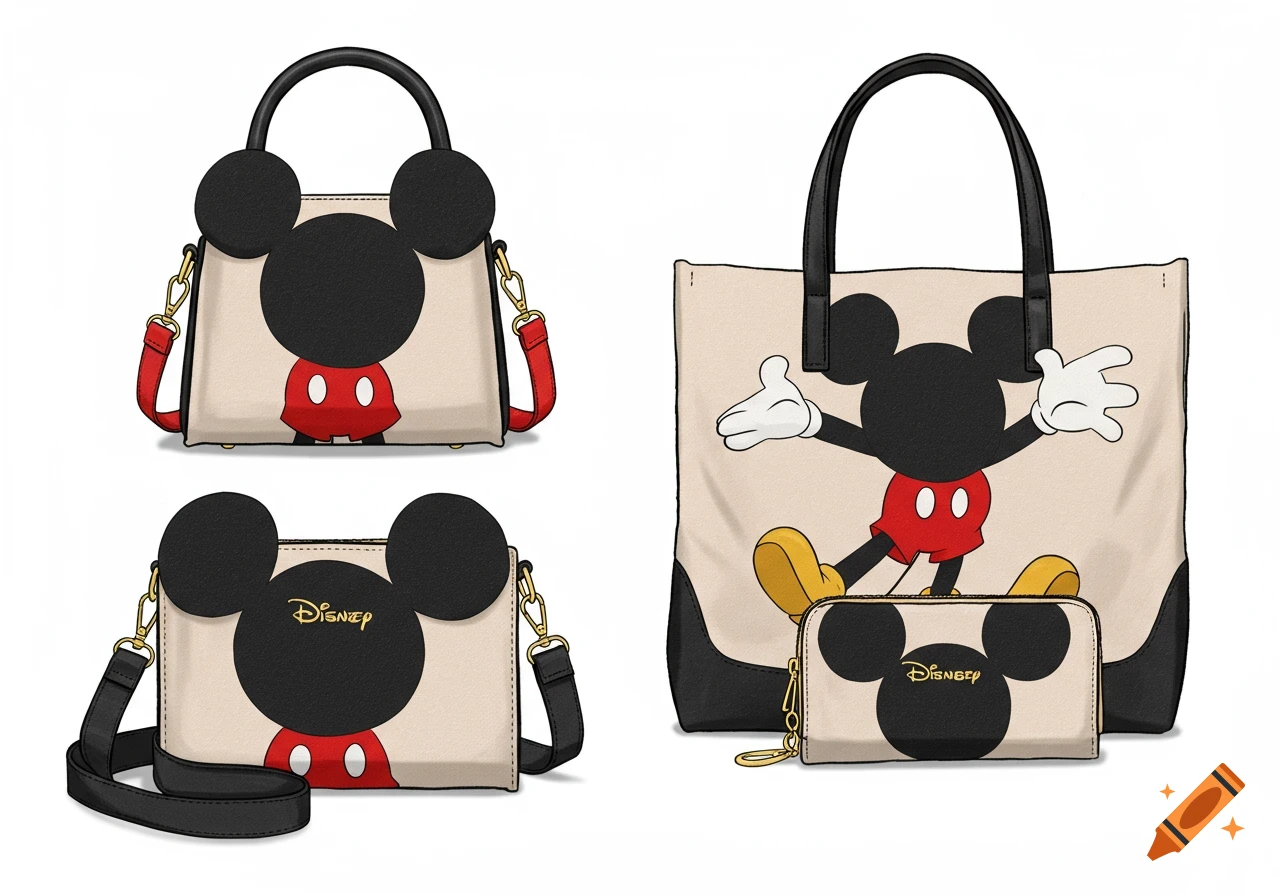 Fashionable handbags, tote bag, and wallet designed in Mickey Mouse's style