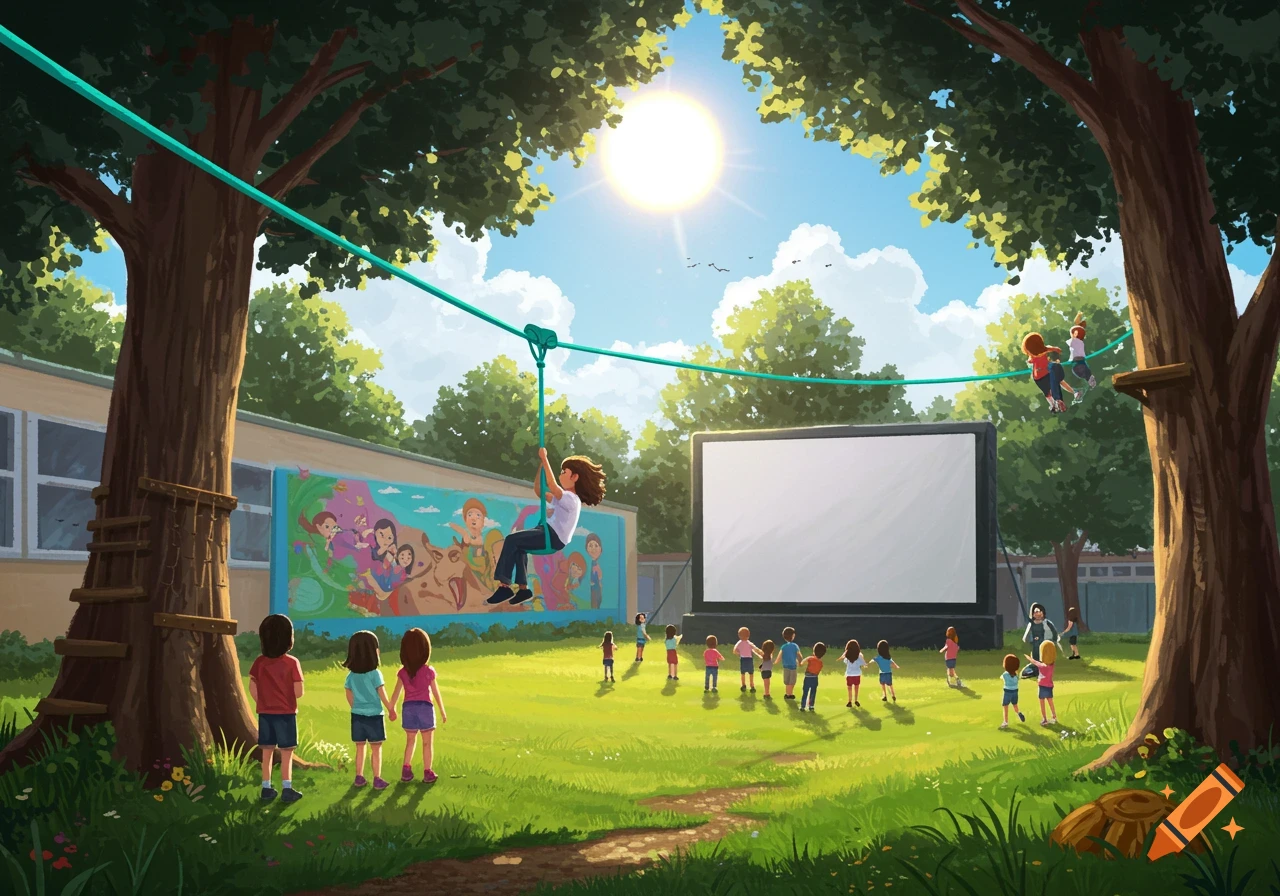 Children play in a schoolyard with a zip line, movie screen, and trees.