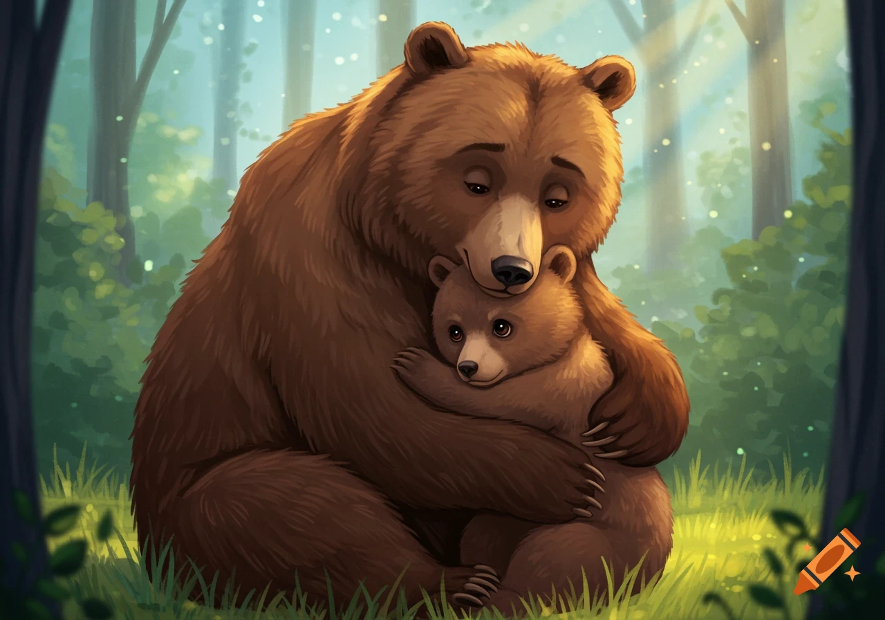 Mother bear hugging her cub in a forest clearing illustration.