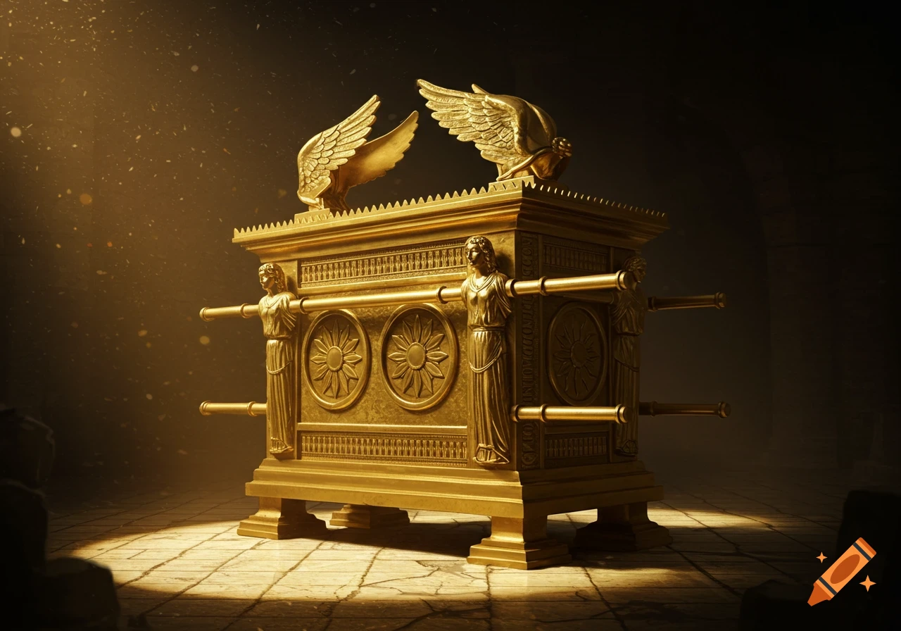 A golden Ark of the Covenant with cherubim figures in a dramatic, dusty chamber.