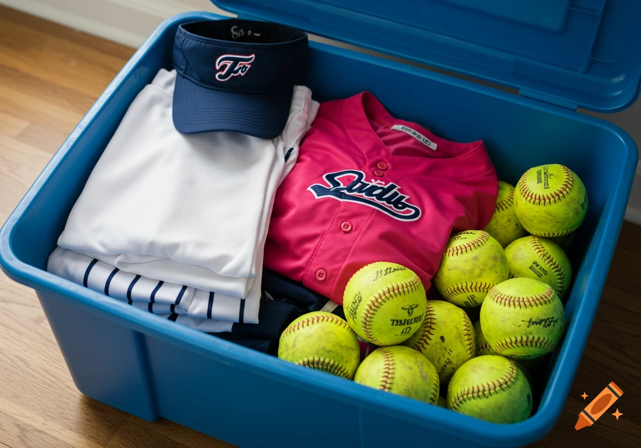 Softball pants, shirt, visor, and balls in a blue bin.