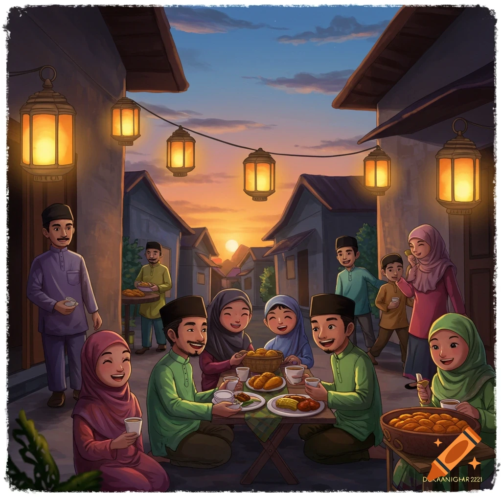 Illustration of people eating a meal together outdoors under lanterns at sunset.