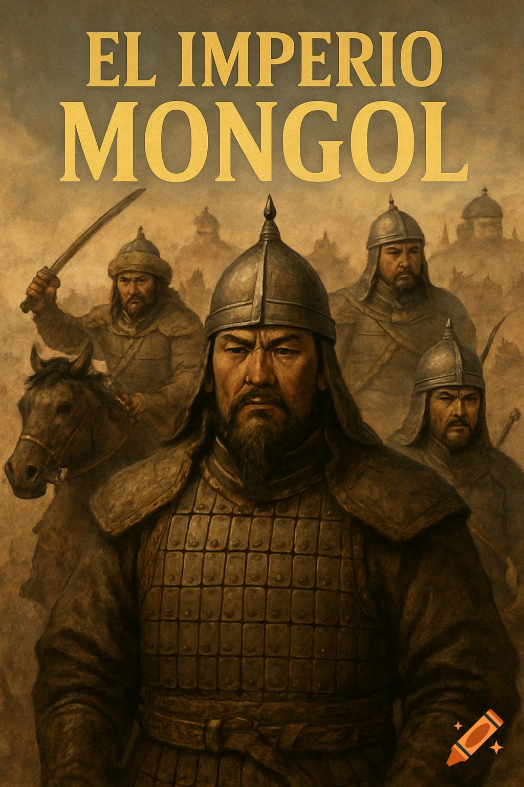 Painting of Mongolian warriors with the title EL IMPERIO MONGOL