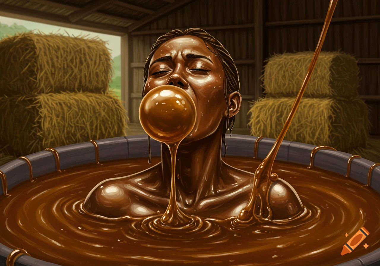 A woman submerged in molasses forms a large bubble from her mouth in a barn, illustration.