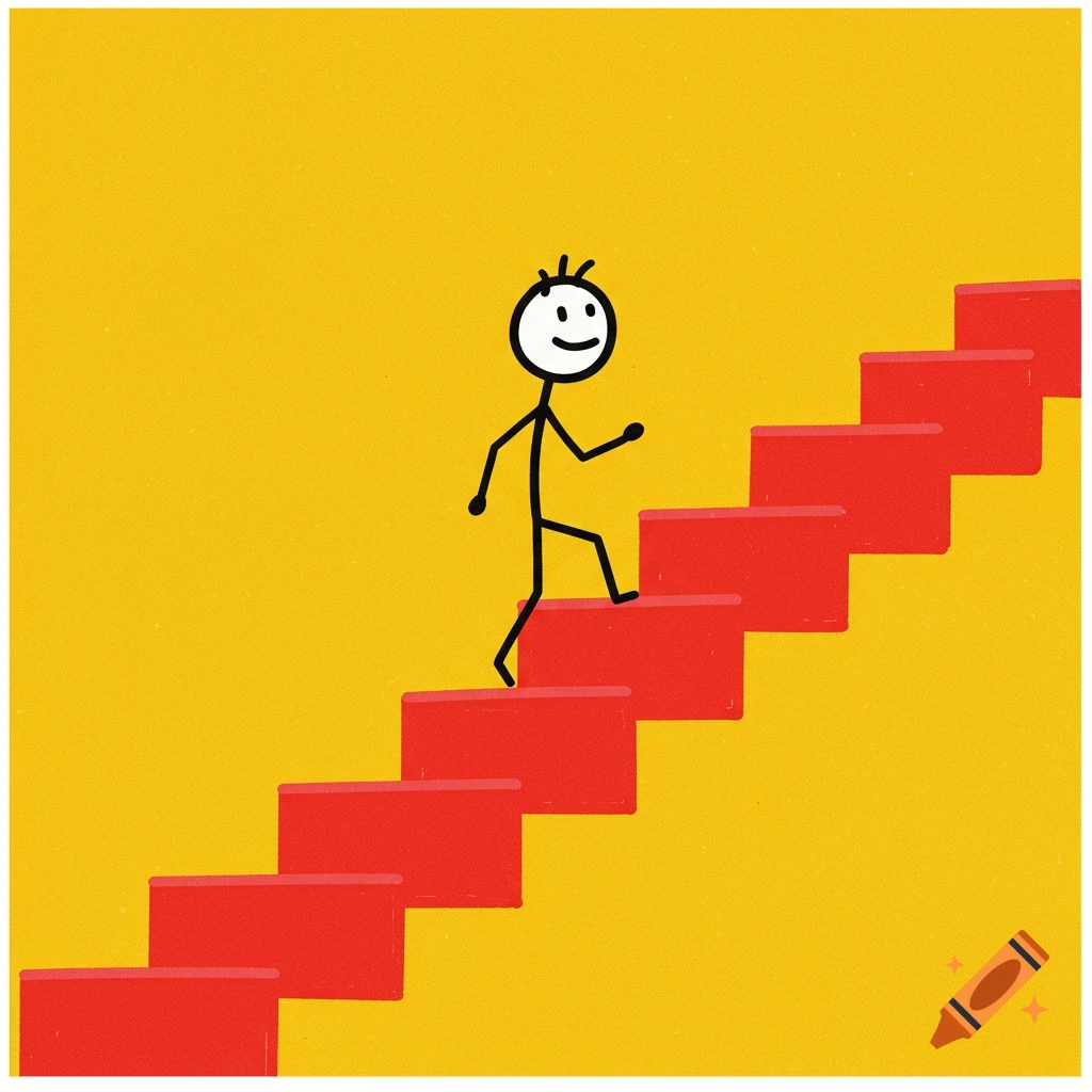 Simple drawing of a stick figure walking up red stairs on a yellow background.