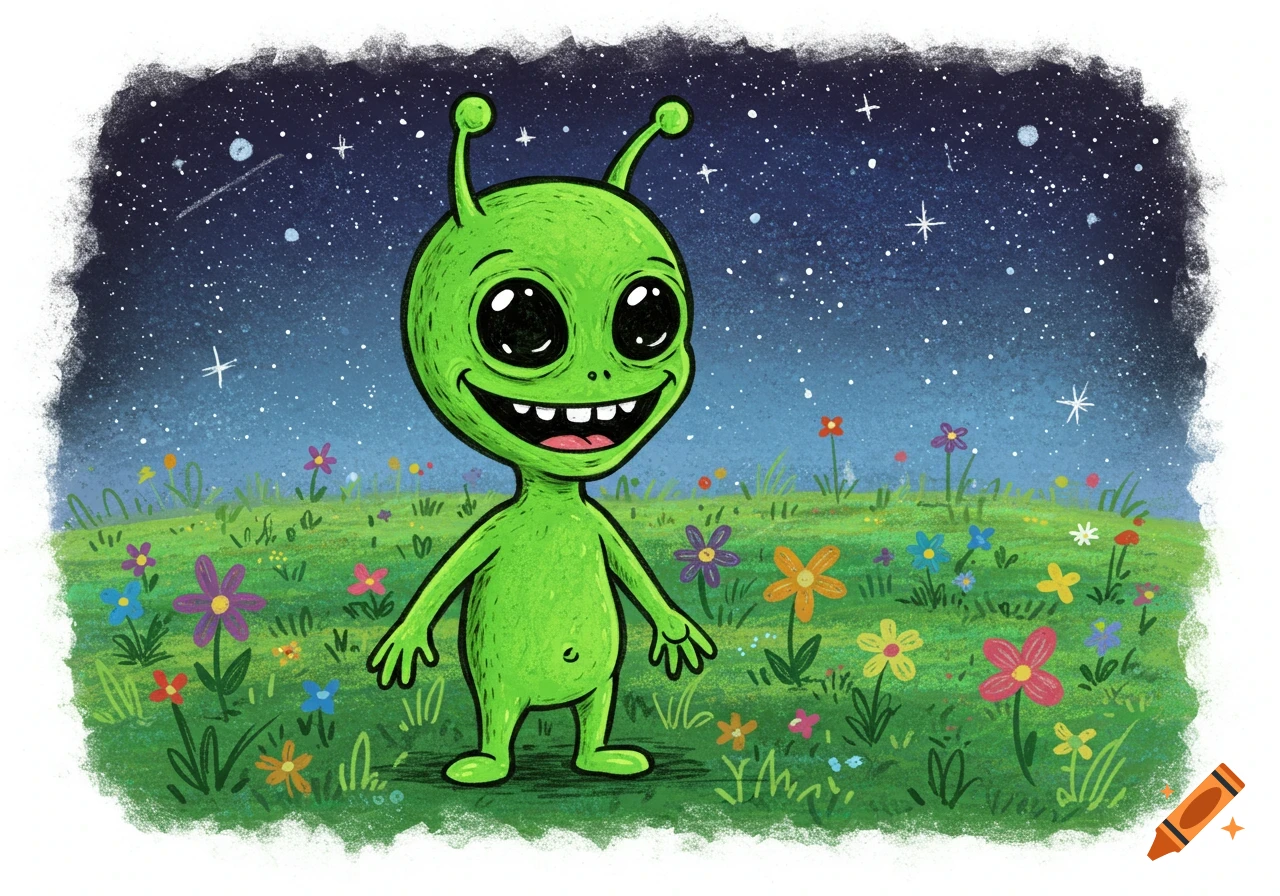 A cartoon green alien with big eyes stands in a field of colorful flowers under a starry night sky.