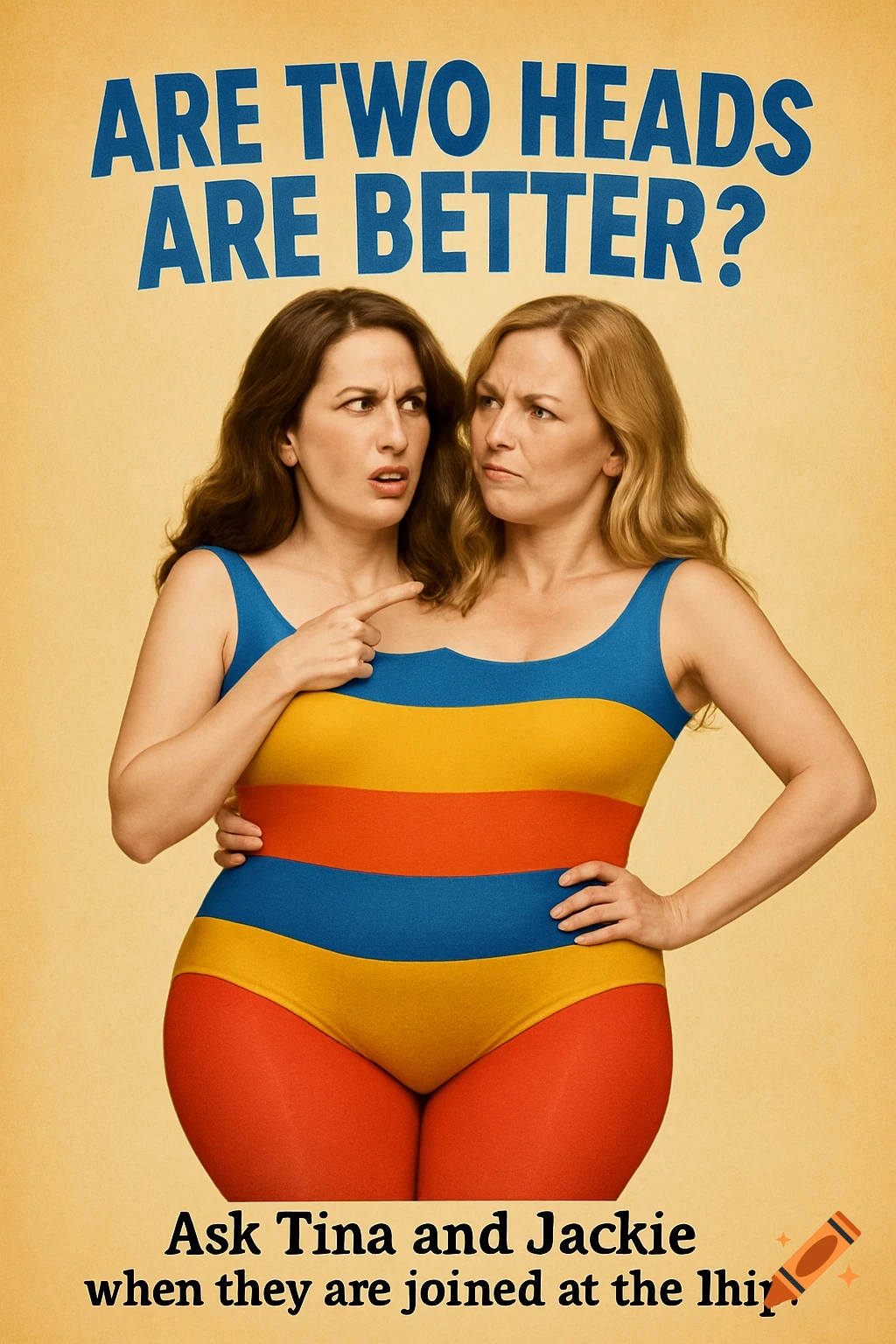 Comedy movie poster: Two women sharing one body as a two-headed person, wearing a striped leotard & tights. Text included.