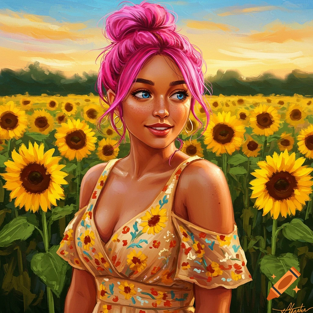 Painting of a woman with pink hair in a sunflower field.