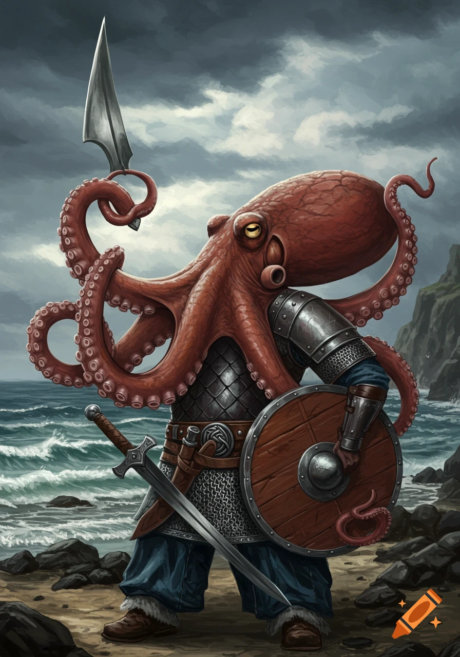 An octopus warrior in Viking armor stands on a beach with a sword and shield, digital painting.