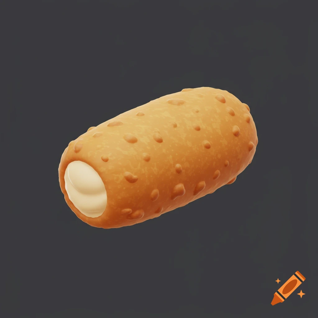 A cute 3D rendered croquette icon with a creamy filling on a dark background.