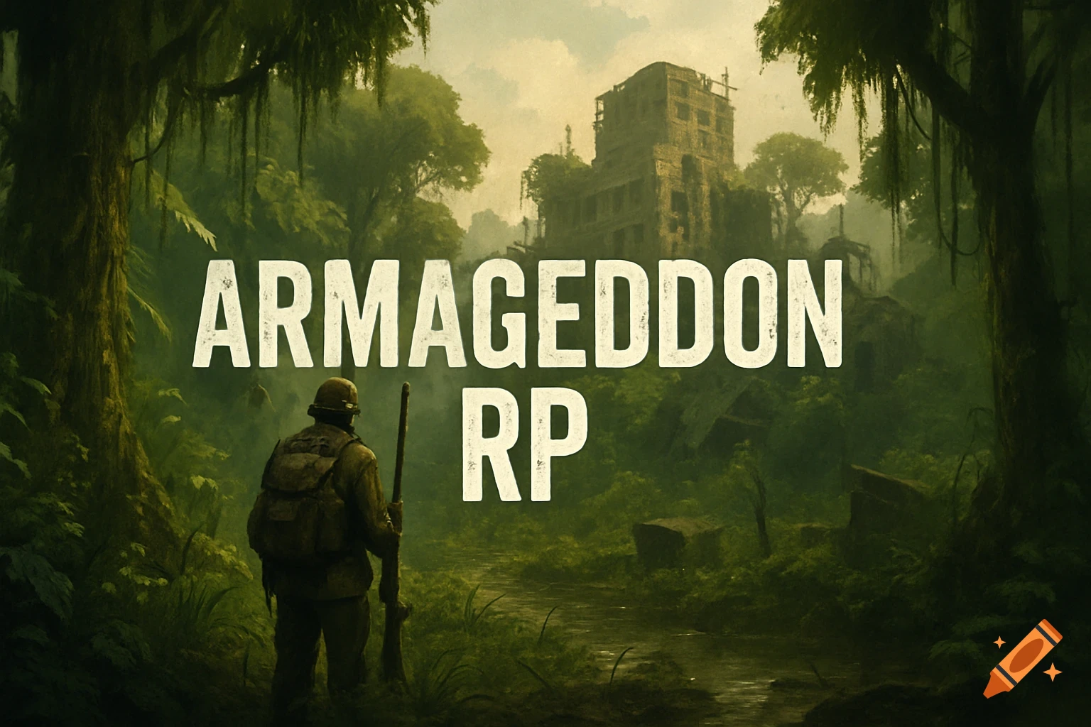 Soldier in a jungle clearing with ruins and 'ARMAGEDDON RP' text overlay.