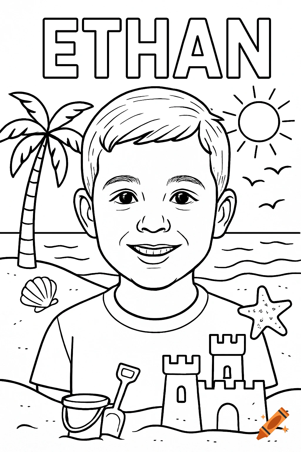 Black and white coloring page of a boy on a beach with the name ETHAN.