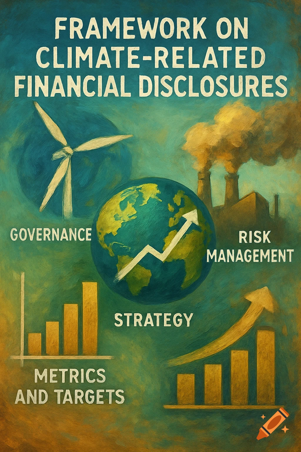 Textured illustration with globe, wind turbine, factory, charts, and text about Climate-Related Financial Disclosures framework.