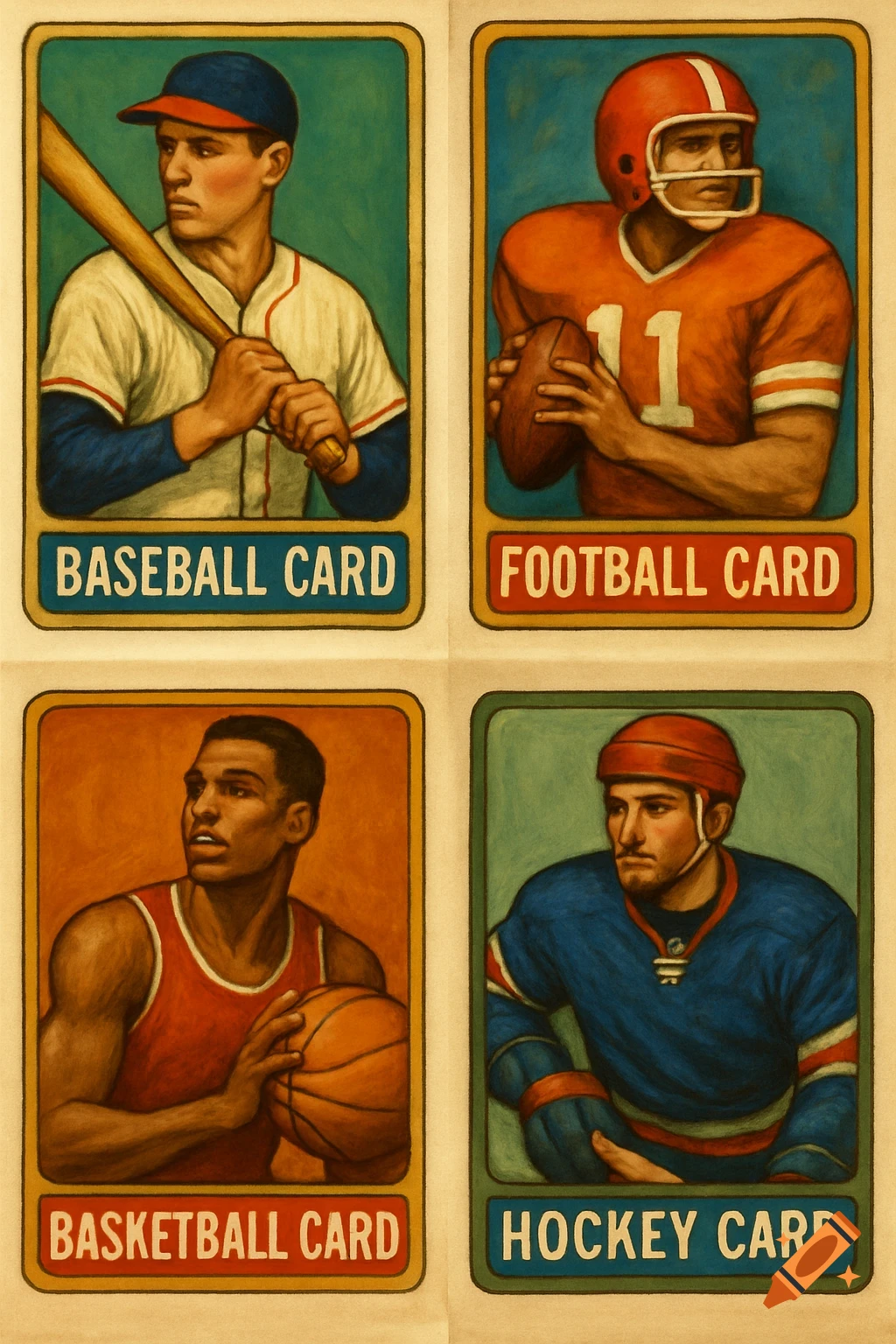 Vintage illustration of four sports trading cards: baseball, football, basketball, and hockey.