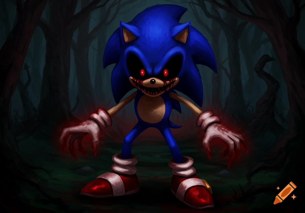 Creepy Sonic.exe character with red eyes and bloody hands in a dark forest.