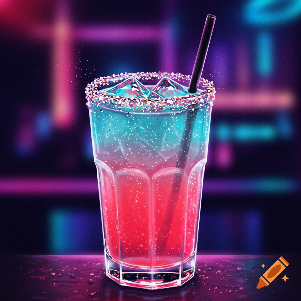 Glass of layered red and blue drink with ice and straw, rimmed with sprinkles, against a blurry neon background.