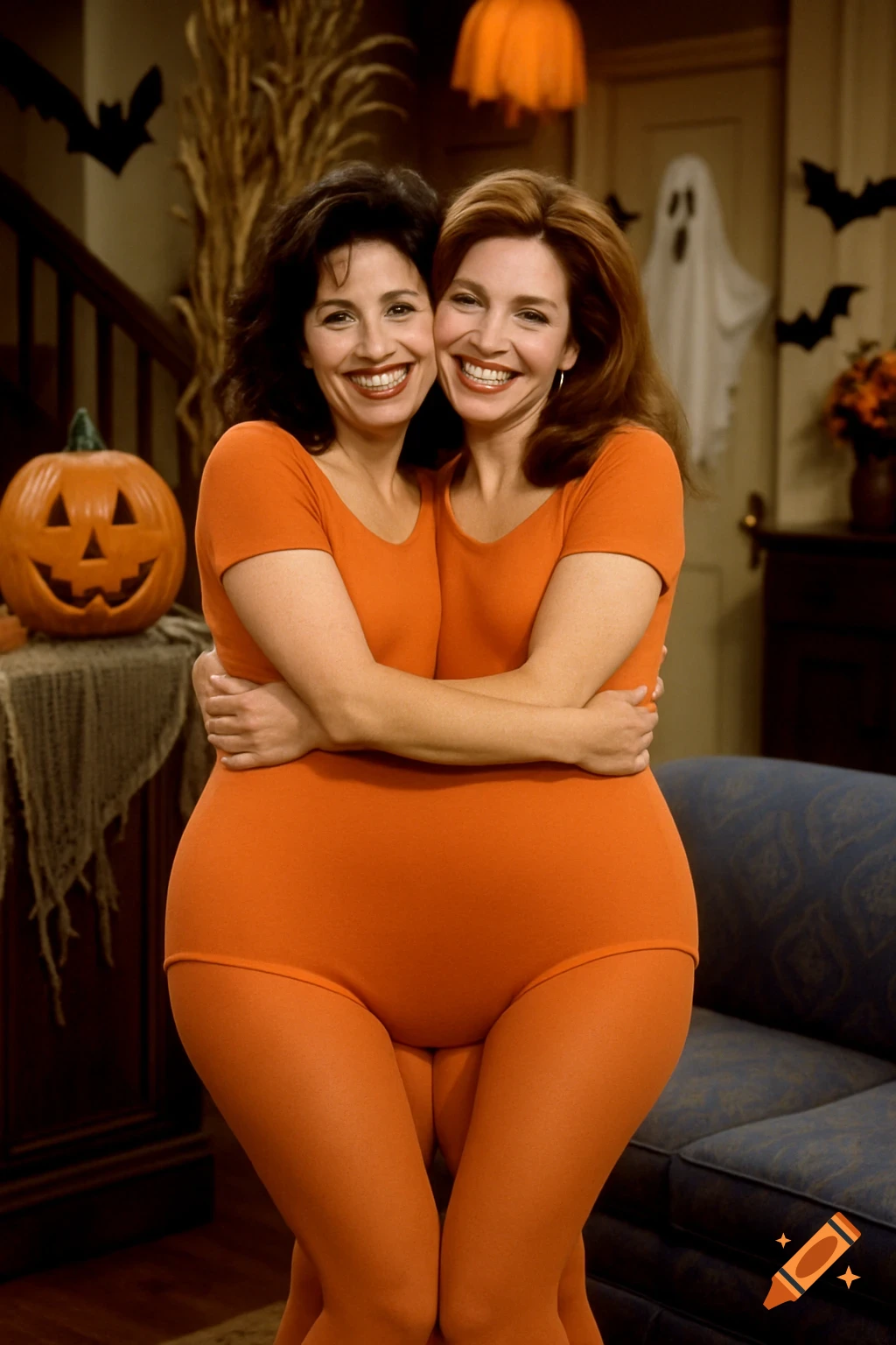 Two women in a shared orange costume hug in a Halloween decorated room