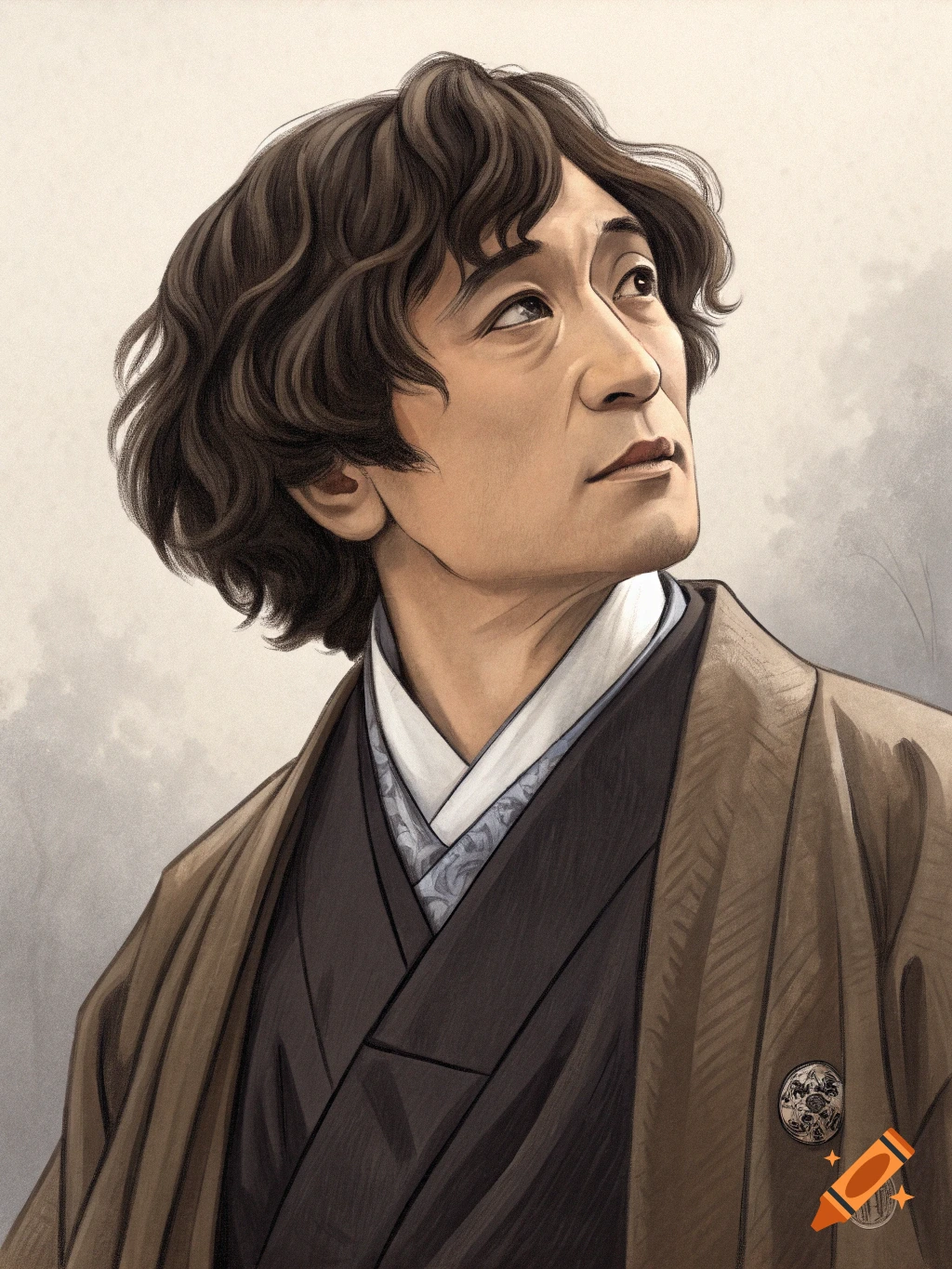 Portrait of a man in traditional Japanese clothing looking up.