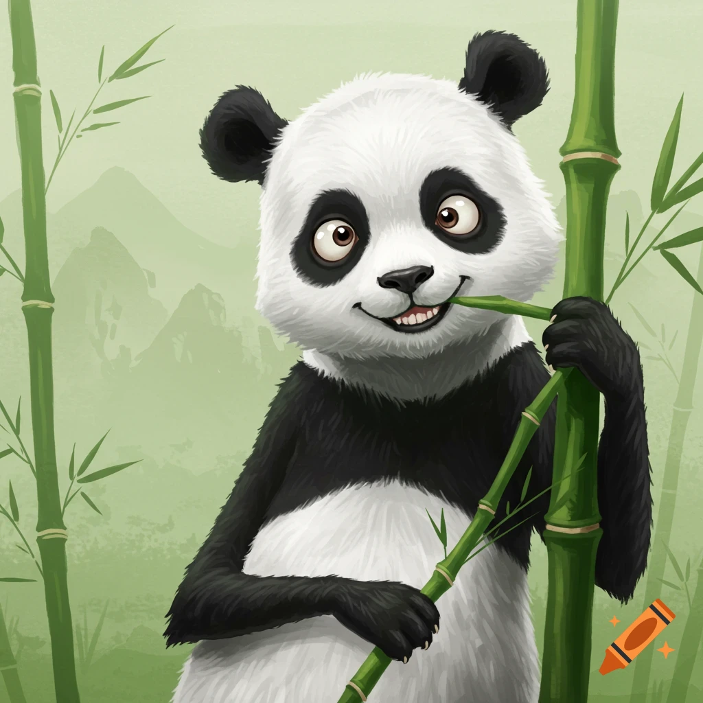 Cartoon panda eating a bamboo stalk
