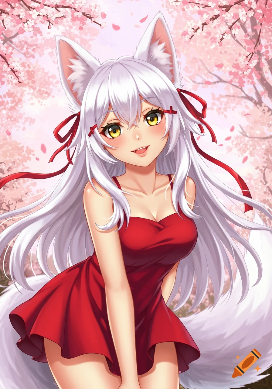 Anime fox girl in a red dress among cherry blossoms.