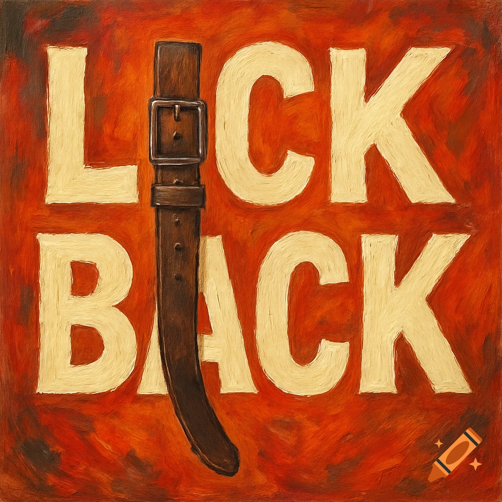 Painterly image of the words LICK BACK with a brown belt replacing the letter I on an orange textured background.