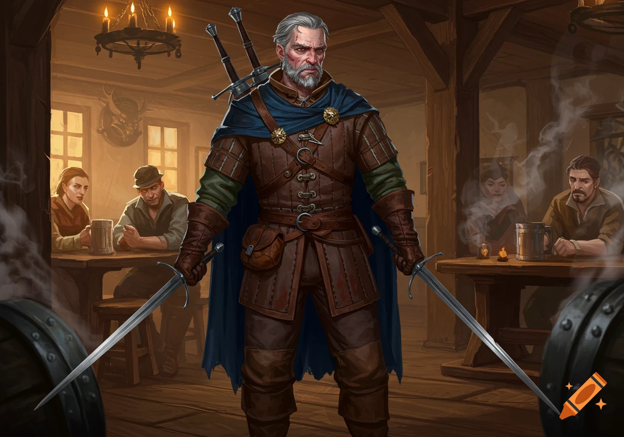 A man resembling Geralt from The Witcher stands in a tavern holding two swords.