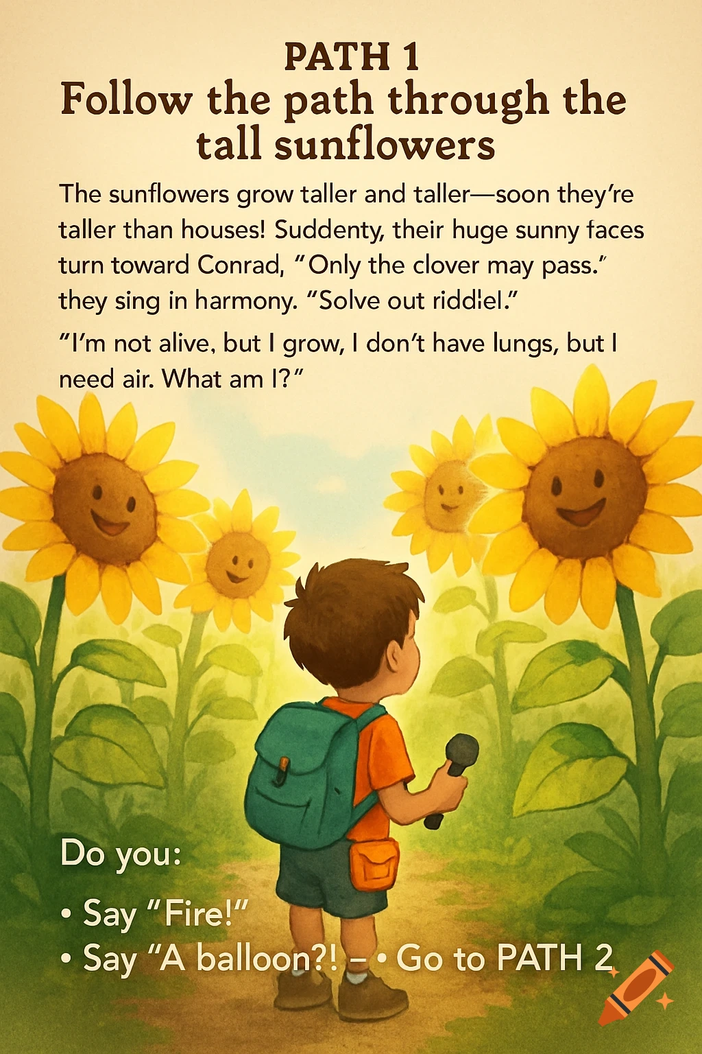 Illustration of a boy facing large smiling sunflowers in a field with story text.