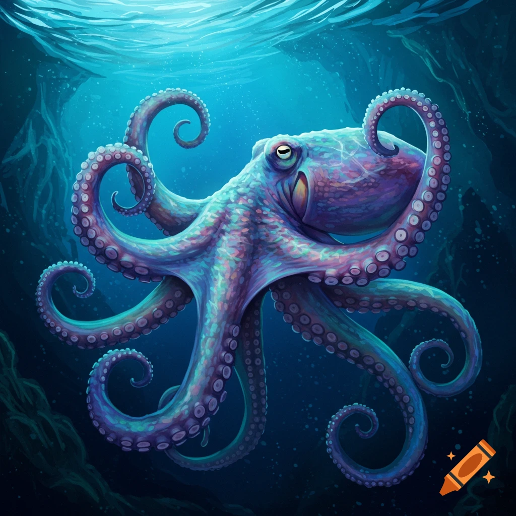 Vibrantly colored octopus swimming underwater illustration