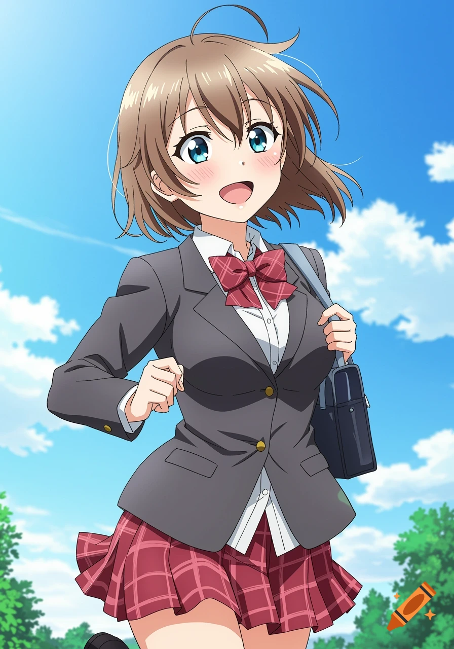 Smiling anime school girl in uniform running outdoors on a sunny day.