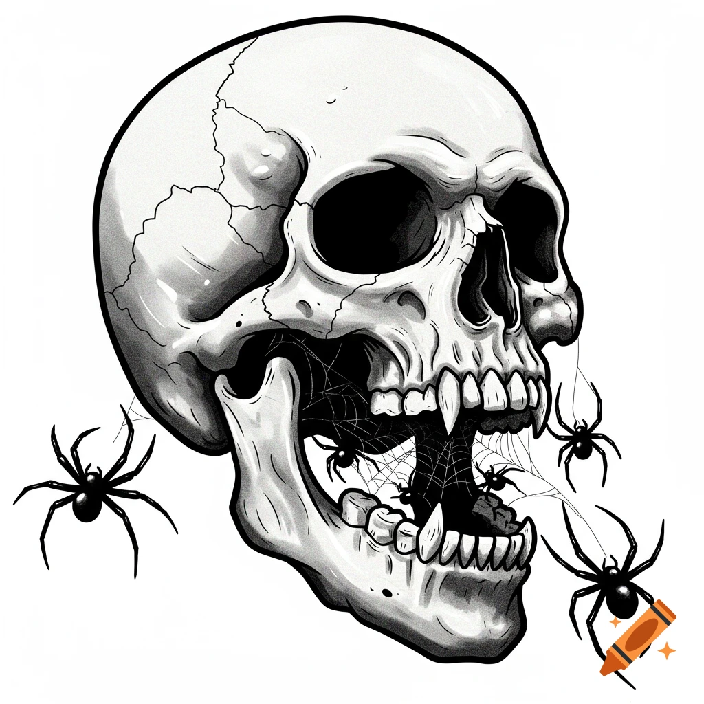 Stylized black and white drawing of a skull with spiders and spiderwebs coming out of its mouth.