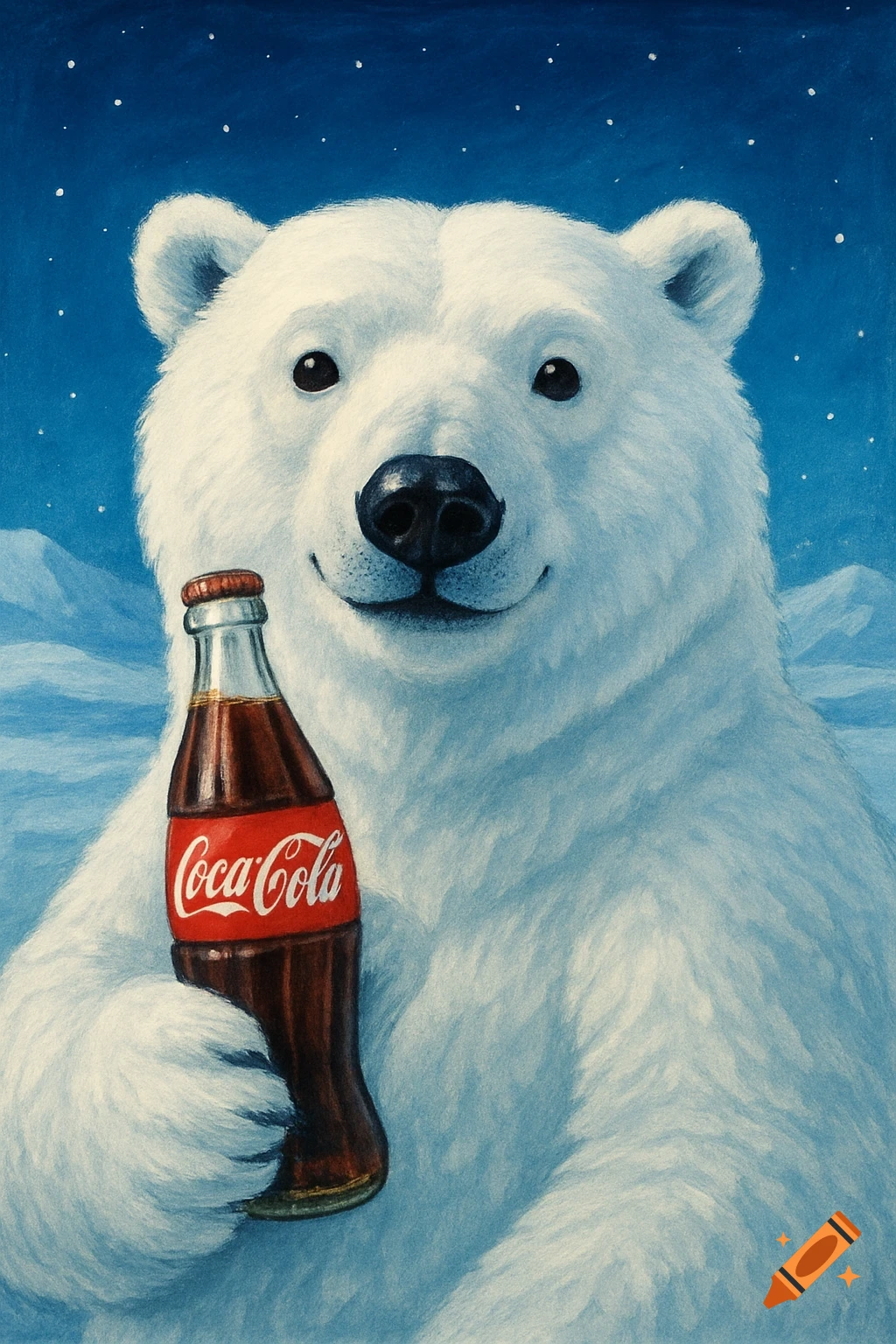 An illustrated polar bear smiles while holding a Coca-Cola bottle in a snowy scene.