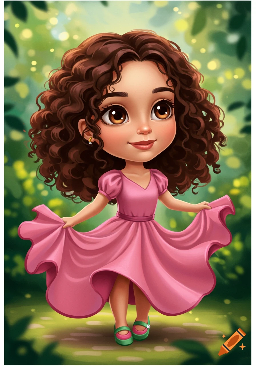Cartoon girl with curly brown hair in pink dress and green shoes holding out dress in leafy background. on Craiyon Cartoon girl with curly brown hair in pink dress and green shoes holding out dress in leafy background. on Craiyon