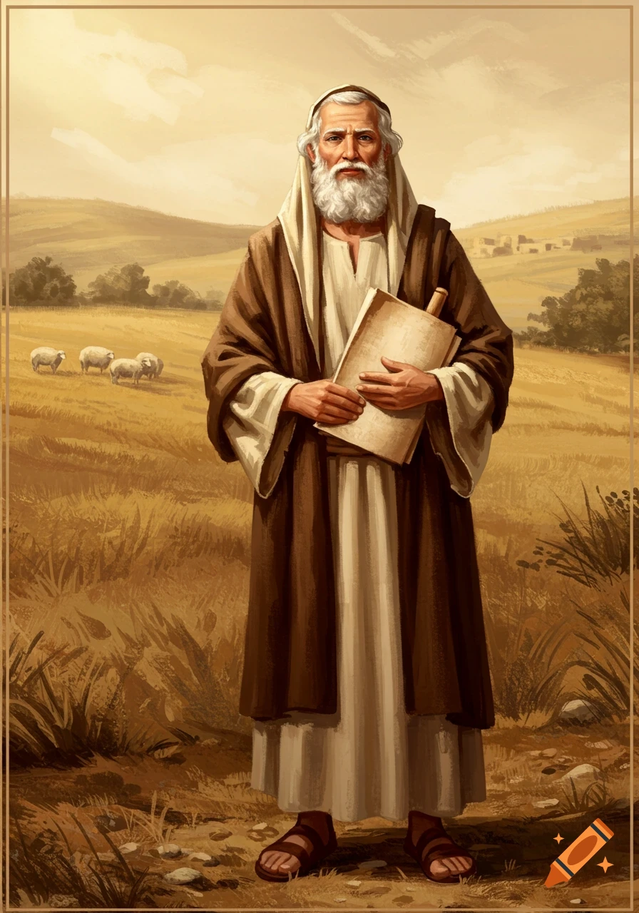 Painting of an old man in ancient robes holding a scroll in a field with sheep.